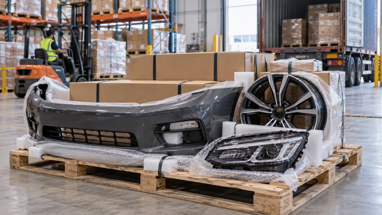汽车保险杠、轮毂和车灯在仓库完成包装后准备小批量补货发往美国